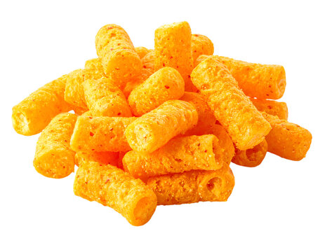 Delicious Cheese Puffs: An appetizing assortment of vibrant, crunchy cheese puffs, tempting viewers with their inviting texture and bold, cheesy flavor
