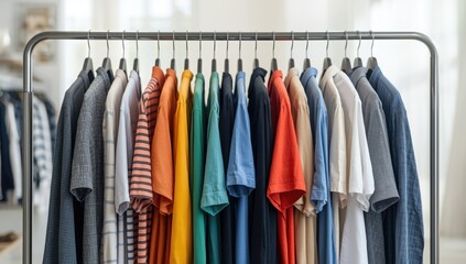 Fototapeta premium A collection of shirts hanging on a rack, designed for retail presentation and customer browsing