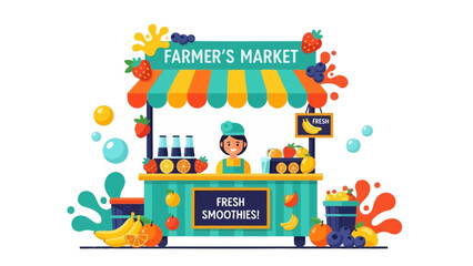 Vibrant Farmers Market Stall Selling Fresh Fruit Smoothies and Beverages Illustration
