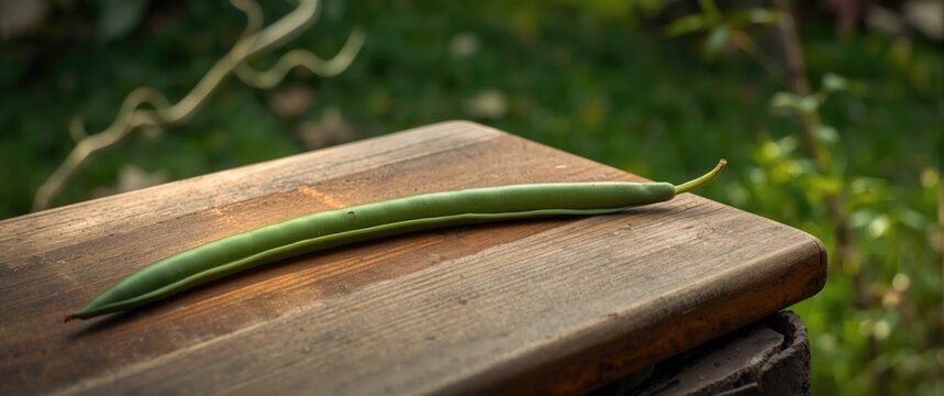 Long beans being cut on a wood chopping board