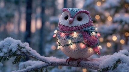 Naklejka premium Adorable snowy owl adorned with colorful Christmas lights perched on a winter branch surrounded by a snowy forest landscape