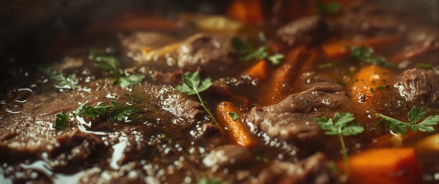 Beef bone broth in a pot featuring meat, carrots, and parsley - closeup view
