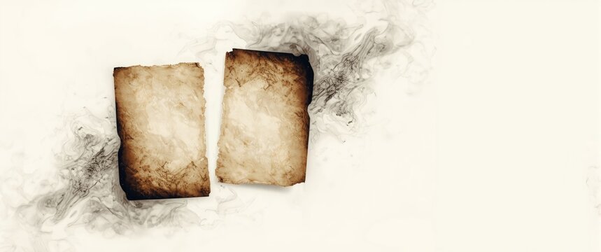 Rectangular ash paper portraits with traces of fire burn for presentation backdrop