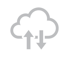 Grey outline cloud icon with dual opposing arrows for data synchronization or transfer status, isolated on a plain transparent background.