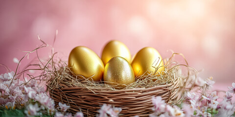 Obraz premium This image features a nest filled with shiny golden eggs, elegantly placed among delicate flowers, creating a serene and festive atmosphere.