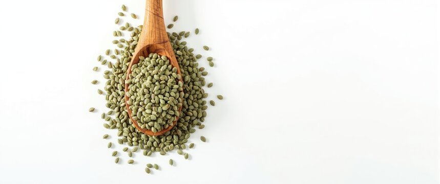 Wooden spoon with Organic Green Broccoli (Brassica oleracea) seeds viewed from the front, on a white background