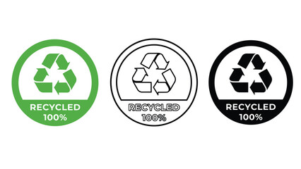 Three recycling symbols with 100 percent recycled text on a white background