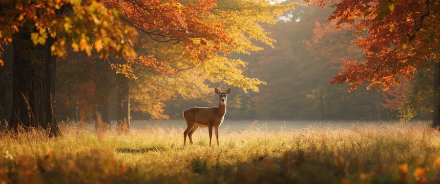 Beautiful autumn landscape featuring a deer in a colorful meadow with trees and forest, showcasing nature's beauty with green and orange leaves