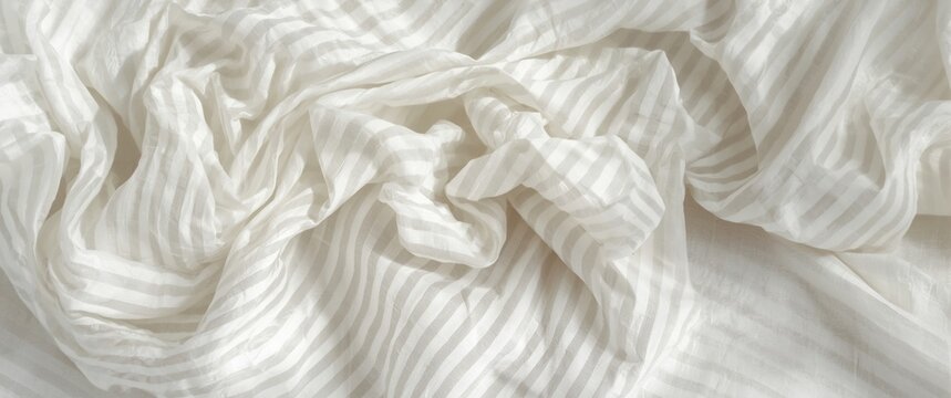 White linen bedsheet with wrinkled crumple stripe pattern close-up, textile background in hotel resort