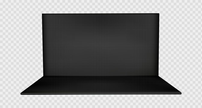 Black booth stand with 3d mockup wall and corner setup for tradeshow exhibition. Empty room area with backdrop display space and showroom interior panel. Isolated perspective render for expo event