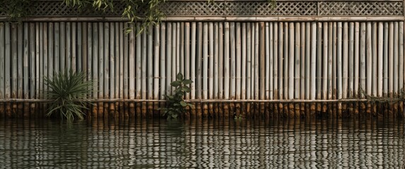 Background featuring water and an aged bamboo plank fence with lattice pattern