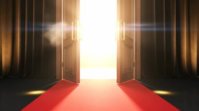 Elegant red carpet leading to a grand wooden door, symbolizing opportunity and success.