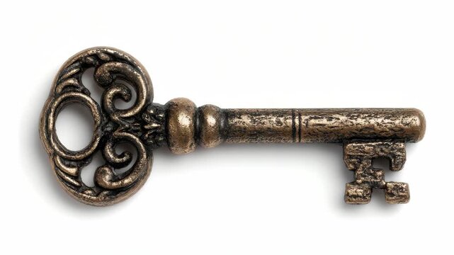 Close-up of an old ornate brass key with intricate detailing, photographed on a clean white background, representing history and security