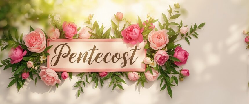 Celebrating Pentecost: colorful banner with peonies, flowers, and nature background