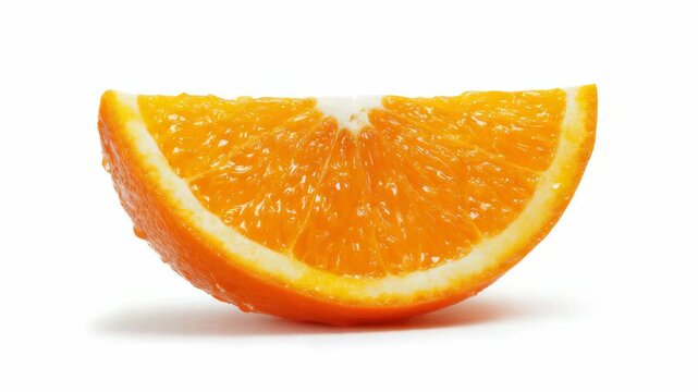 Fresh juicy orange slice in close-up, natural photographic style, isolated on white background. Concept of healthy eating and citrus fruit