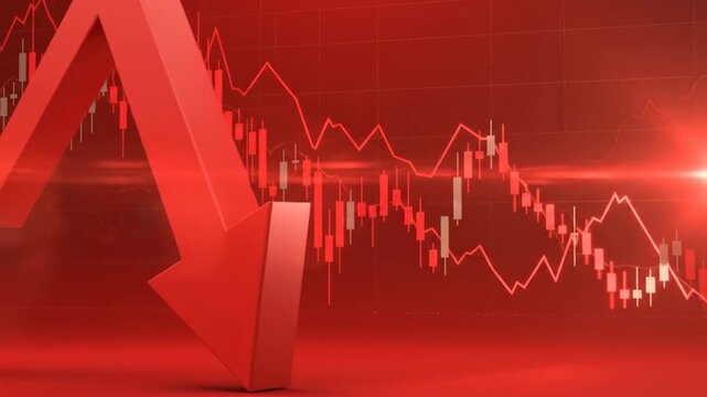 Dramatic red arrow pointing downwards against a financial chart, symbolizing economic downturn and market crash.