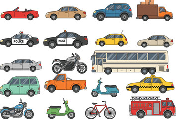 Comprehensive collection of flat transportation vehicle icons including cars trucks bus police taxi motorcycle bicycle and emergency fire engine vector. © Mukta  Creative