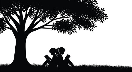 Silhouette illustration of children reading books under large tree, peaceful nature scene symbolizing learning, education, tranquility, and childhood imagination