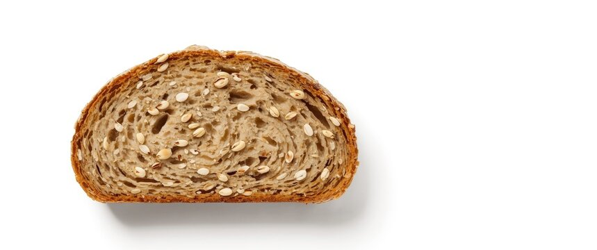 Whole wheat and rye bread slice with seeds (linseed and oats) isolated on white backdrop