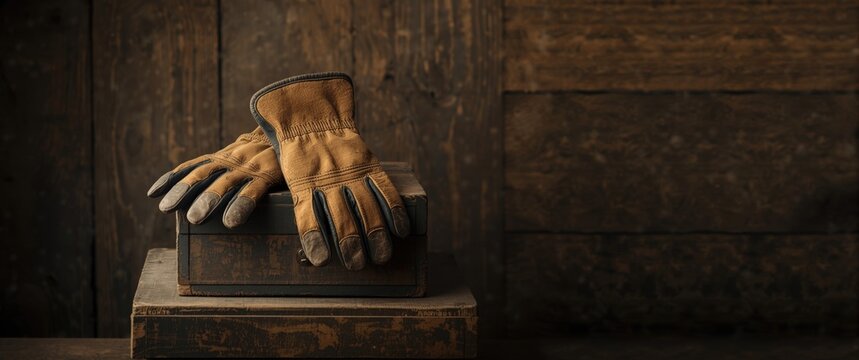 Wooden boxes with dirty work gloves in close-up