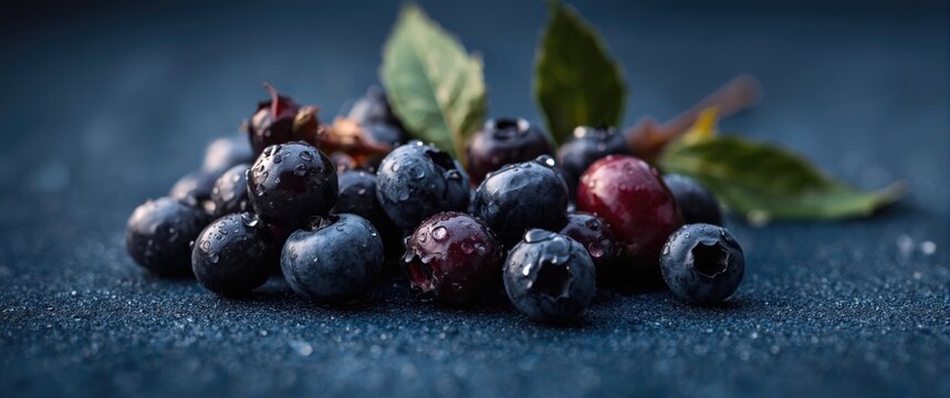 Fresh blueberries featuring water droplets