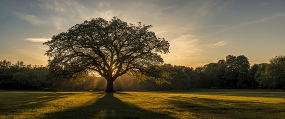 Naklejka premium Sunset evening sunlight casting shade of a tree