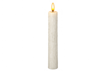 Burning white wax candle creating warm flame light representing spirituality, memorial, peace, hope, and celebration on transparent background