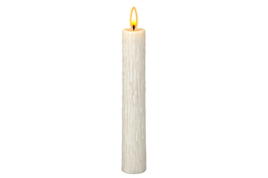 Burning white wax candle creating warm flame light representing spirituality, memorial, peace, hope, and celebration on transparent background