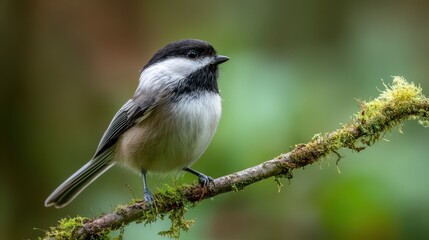 Close-up portrait of a black-capped chickadee perched on a mossy branch in a quiet forest