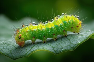 Fototapeta premium Close-up portrait of a bristly caterpillar resting on a leaf in a garden