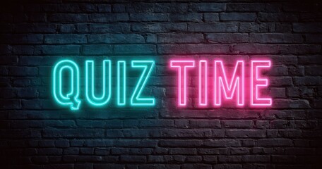 Fototapeta premium The Quiz Time neon sign glowing on dark brick wall background
