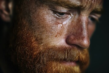 Obraz premium Close-up portrait of a crying man with a red beard, intense emotion and tear-streaked skin