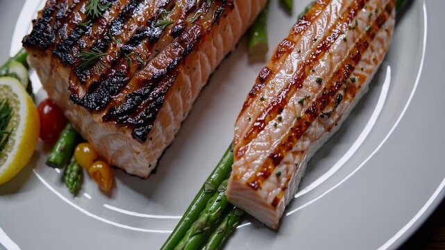 Close-up video of grilled salmon on asparagus, garnished with parsley and lemon. Top-down angle highlights texture and presentation.