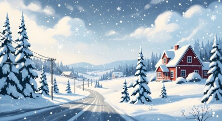Fototapeta premium Snowy winter scene with cozy red house