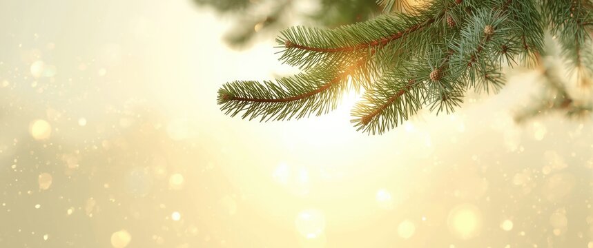 Green-needle pine branch with buds on a bright sky day