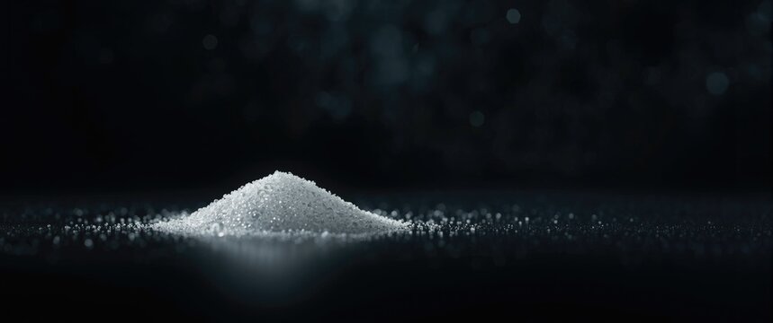 Macro shot of a white plastic polymer granule alongside laboratory glassware on a dark backdrop