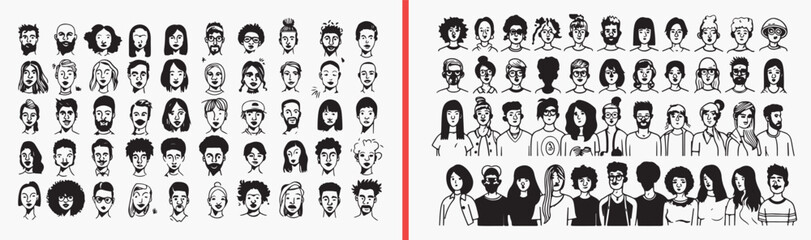 Diverse People Character Standing Illustration Set, Hand Drawn Human Figure Sketch Art Design, Different Person Doodle Avatar Vector Clipart, Multicultural People Drawing Bundle Graphics Stock, Variou