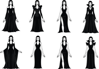 Elegant gothic vampire women collection dark fashion dresses female fantasy horror characters vector illustration set for Halloween design