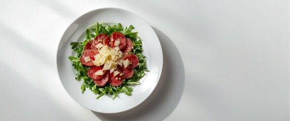 Beef carpaccio served on a white dish with arugula, cheese, and colorful presentation