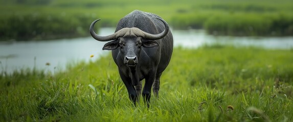 Buffalo eating grass after rain, featuring water, green scenery, and farm elements