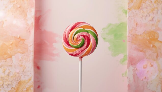 Colorful lollipop resting on bright watercolor paper background as a playful treat for celebrations