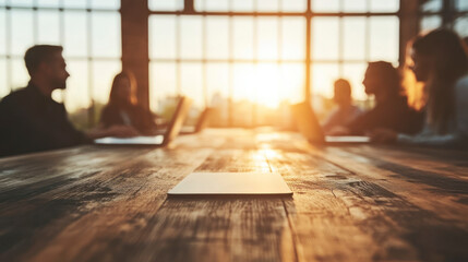 Silhouetted team working at a wooden table during sunset.