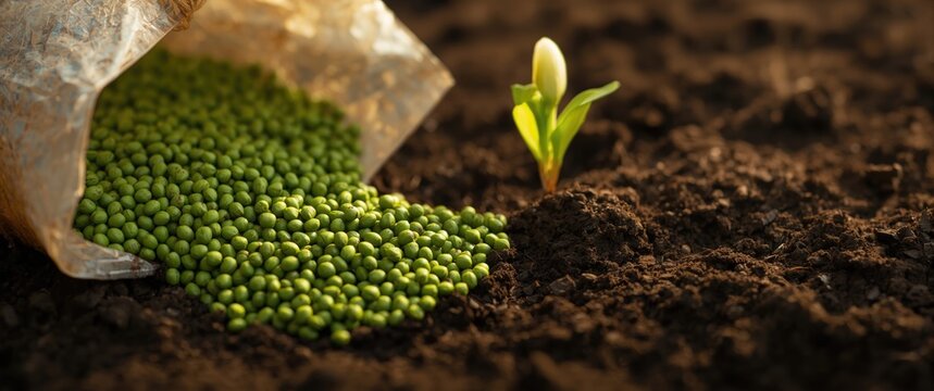 Plastic bag opened to reveal green complex fertiliser granules on dark soil, ideal for root feeding, closeup