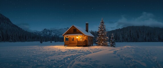 Evening scene where lanterns illuminate the house with yellow garlands, amidst a winter landscape with a wooden hut on a snow-covered meadow, under a mystical night with mountains and forests