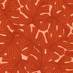 Abstract natural floral seamless pattern. Foliage background: minimal organic leaves. Tropical wallpaper with striped monstera leaves. Vector minimalist illustration for textile fabric print design