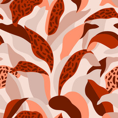 Abstract floral geometric shapes seamless pattern. Geometric floral background: doodles, scribbles, abstract flowers leaves with animal prints. Vector illustration for textile fabric print design