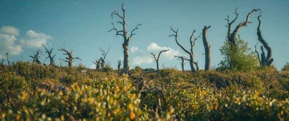The plateau's vibrant greenery contrasted by dead trees