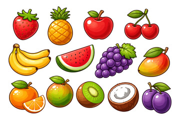 Colorful assorted fruits including pineapple, apple, banana, and grapes.
