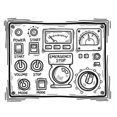 Control panel with detailed buttons for emergency stop and settings  