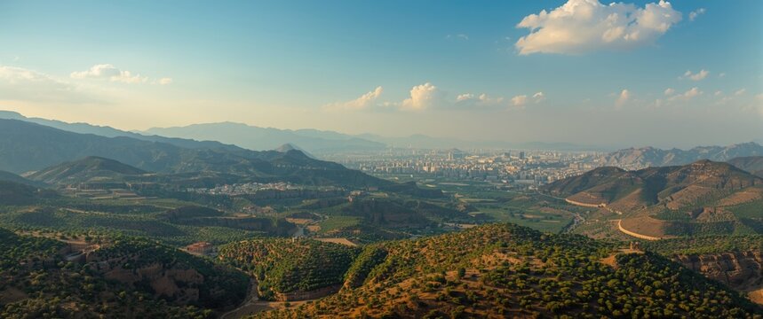 Overview of Taiz, Yemen with Jabal Sabr landscape in aerial perspective